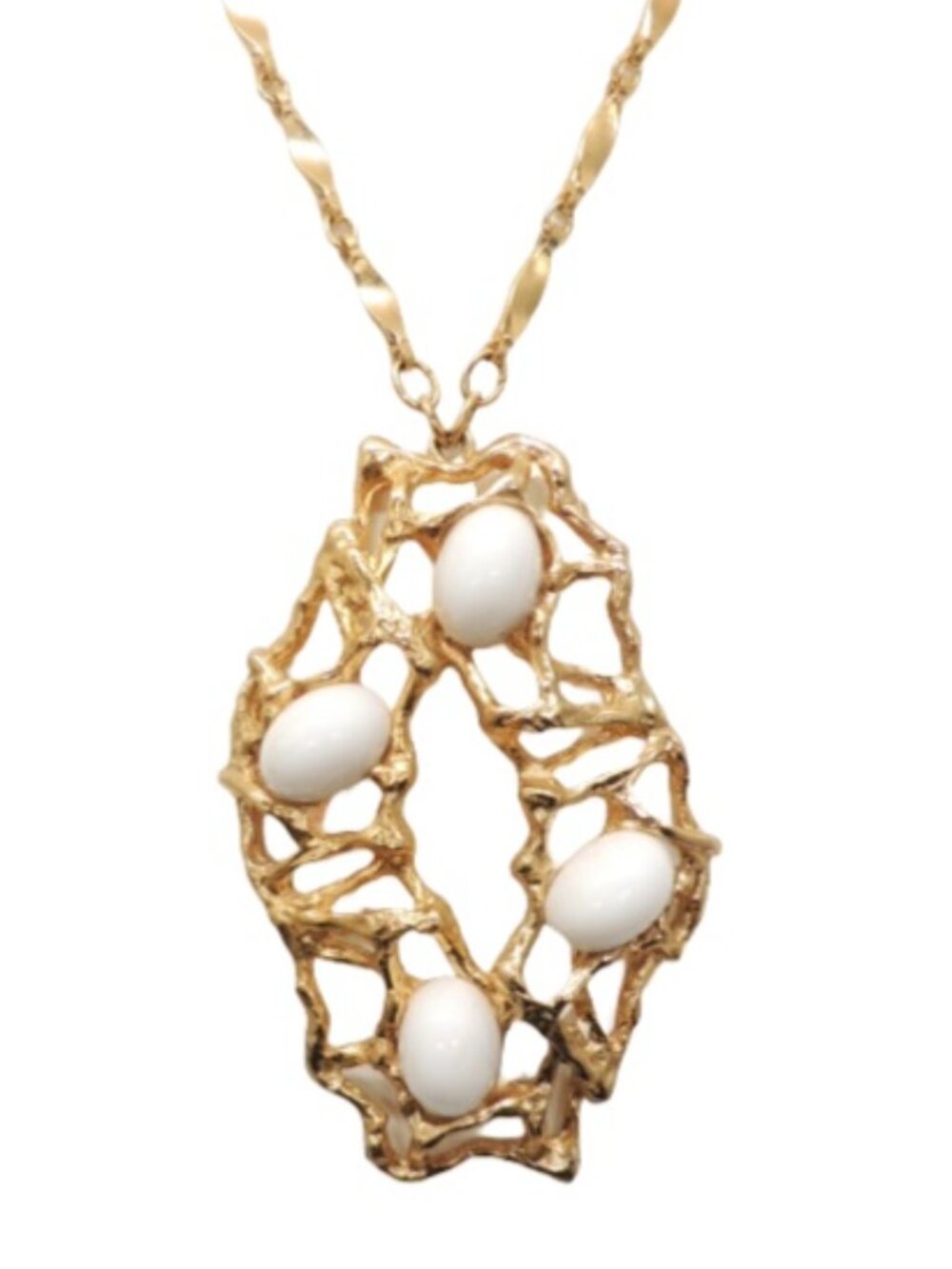 Vintage 1973 Signed Napier Goldtone White Cabochon Rhinestone Pendant Necklace